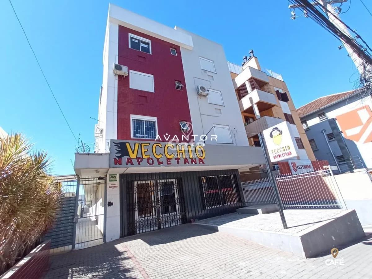 Fachada do prédio com loja comercial — Apartamento com 1 quarto à venda no Residencial Ravenna, em Centro, Santa Maria/RS