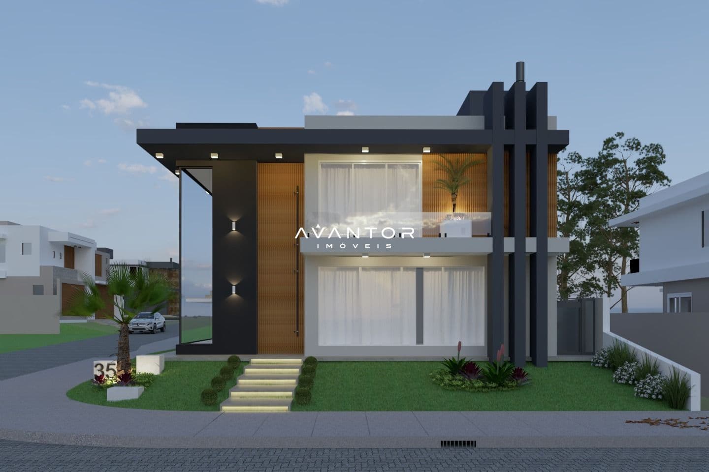 Fachada da casa com design moderno — Casa com 3 quartos à venda no Viareggio Residence Club, em São José, Santa Maria/RS