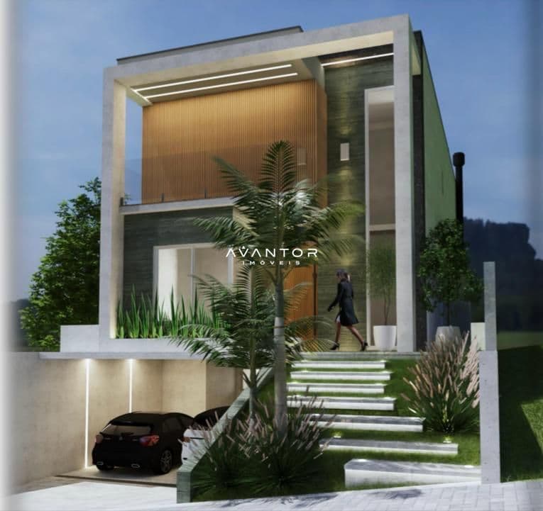 Fachada da casa com entrada e paisagismo — Casa com 3 quartos à venda no Residencial Real Park, em Tomazetti, Santa Maria/RS