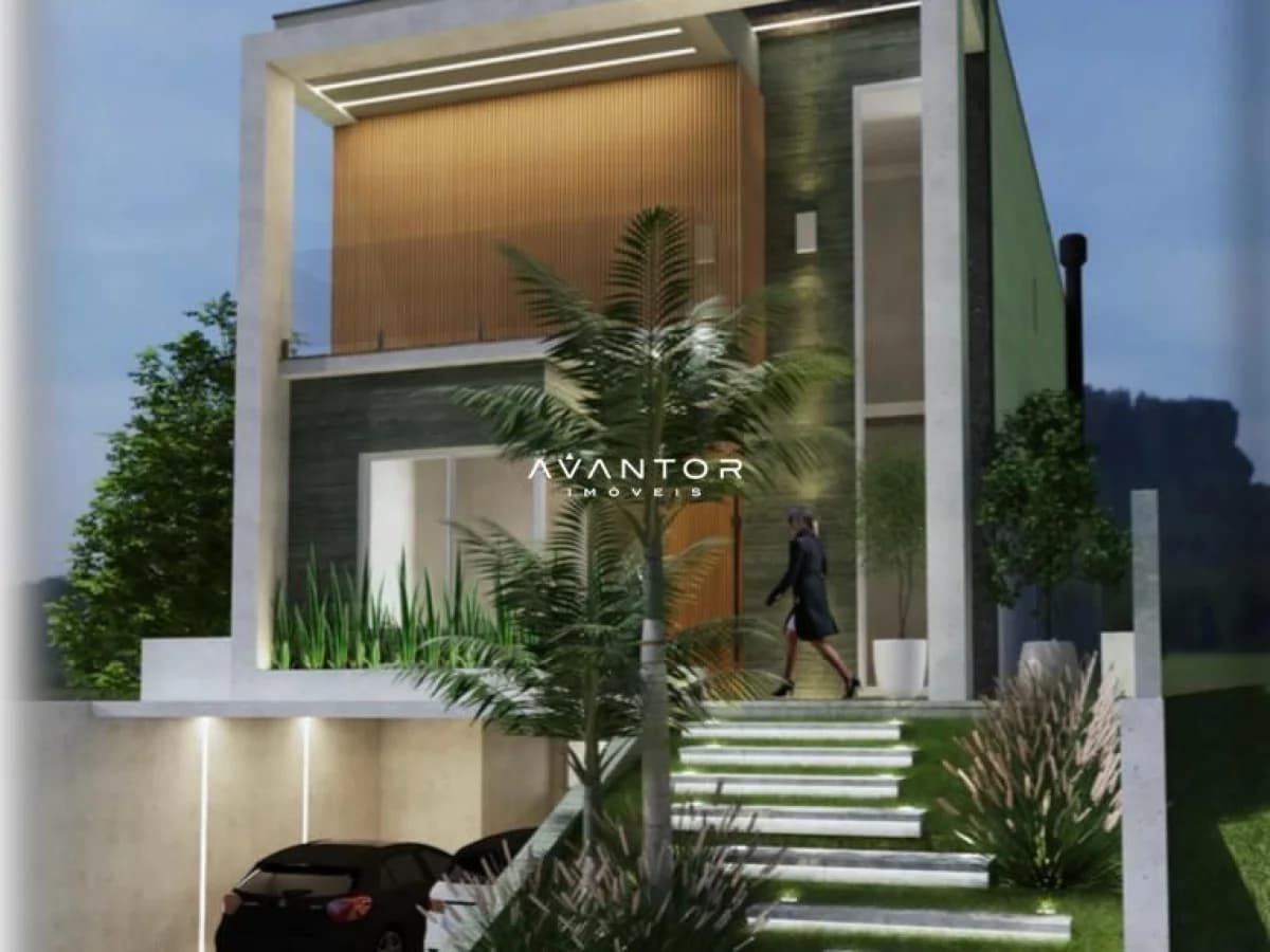 Fachada da casa com entrada e paisagismo — Casa com 3 quartos à venda no Residencial Real Park, em Tomazetti, Santa Maria/RS