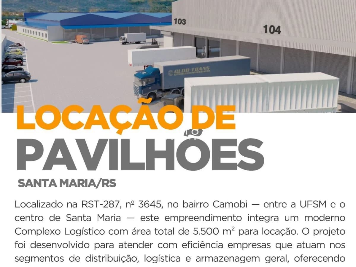 Complexo logístico com pavilhões e área de estacionamento — Pavilhão com 1 sala para alugar em Camobi, Santa Maria/RS