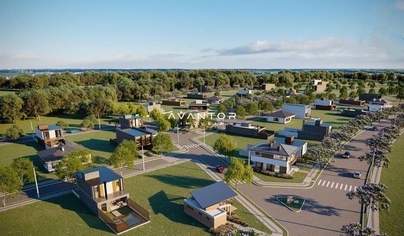 Vista aérea do empreendimento com casarões — Terreno à venda no Arbo Eco Village, em Camobi, Santa Maria/RS