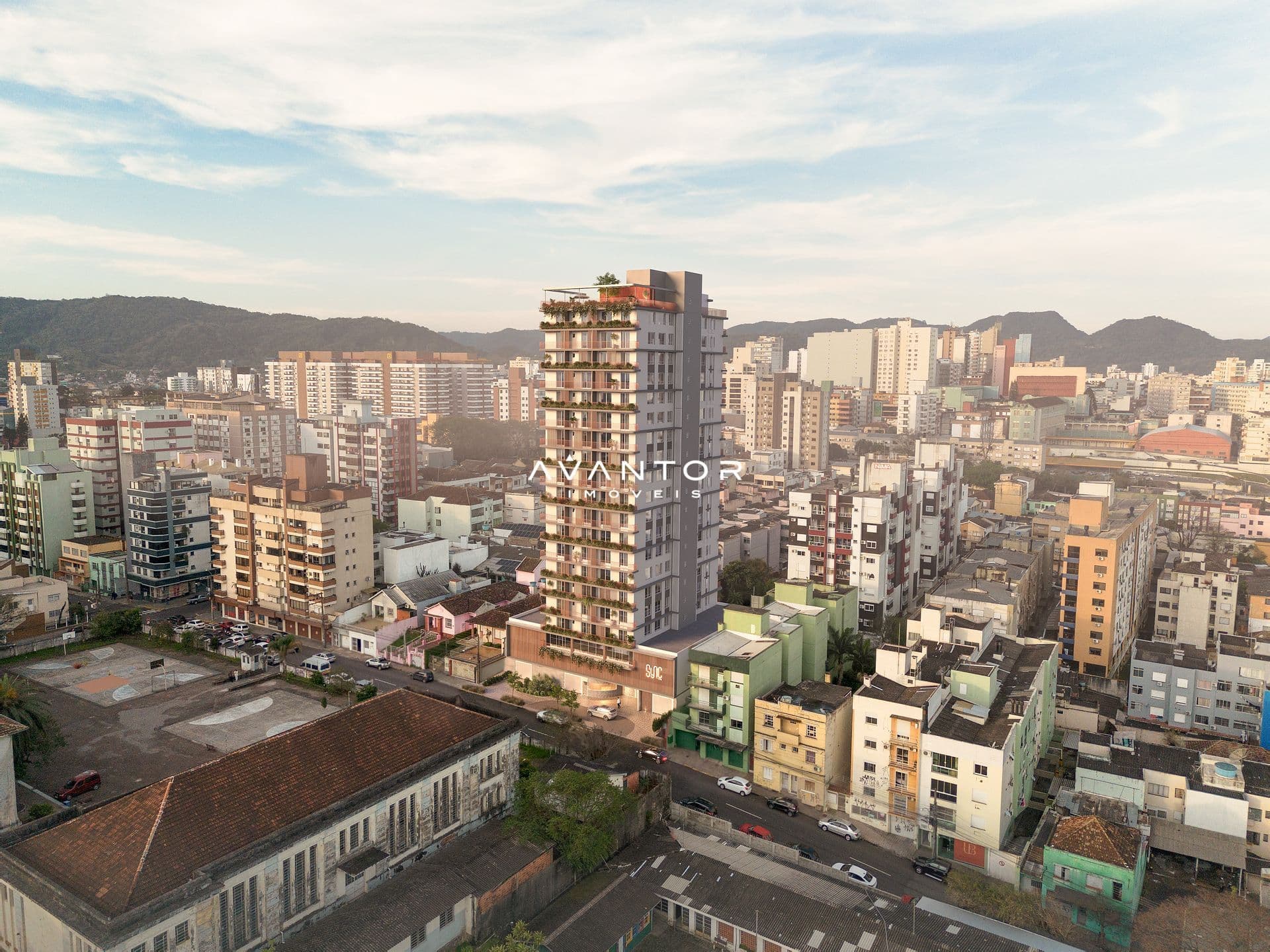 Vista aérea do prédio e entorno urbano — Apartamento com 1 quarto à venda em Nossa Senhora de Fátima, Santa Maria/RS