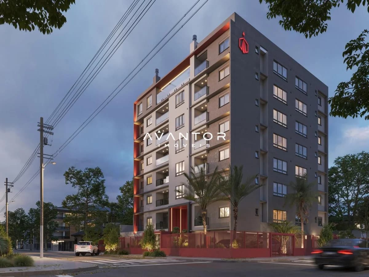 Fachada do prédio com detalhes em vermelho — Apartamento com 1 quarto à venda em Camobi, Santa Maria/RS