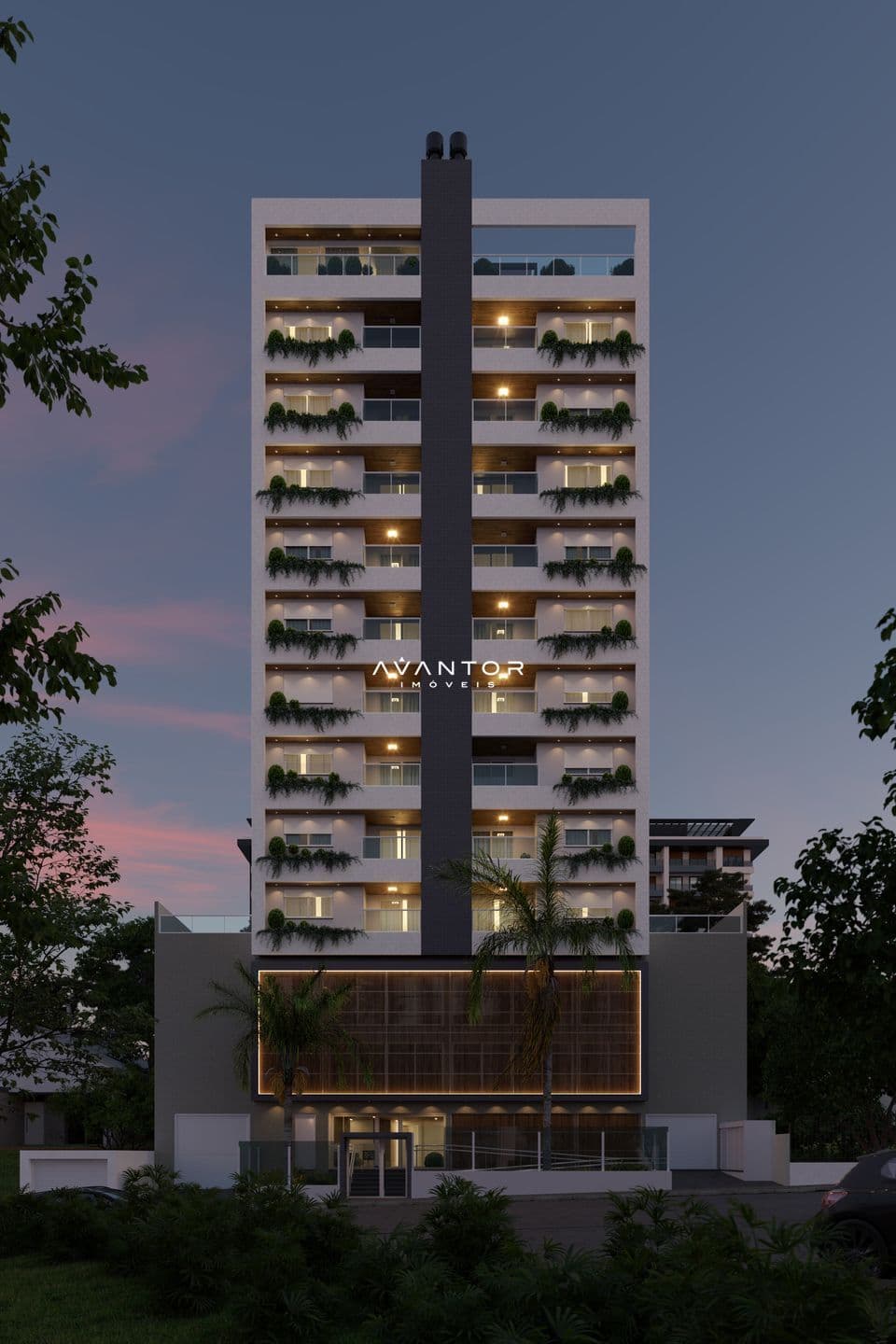 Fachada do prédio com sacadas e paisagismo — Apartamento com 1 quarto à venda em Nossa Senhora das Dores, Santa Maria/RS