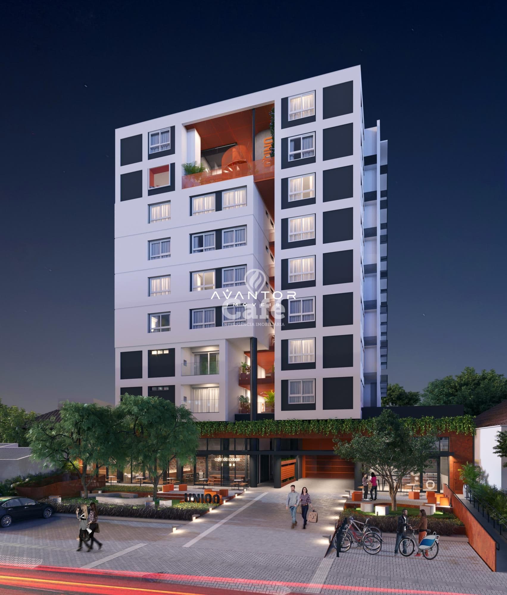 Fachada do prédio com unidades iluminadas — Apartamento com 1 quarto à venda no Uniqo Smart Living, em Camobi, Santa Maria/RS