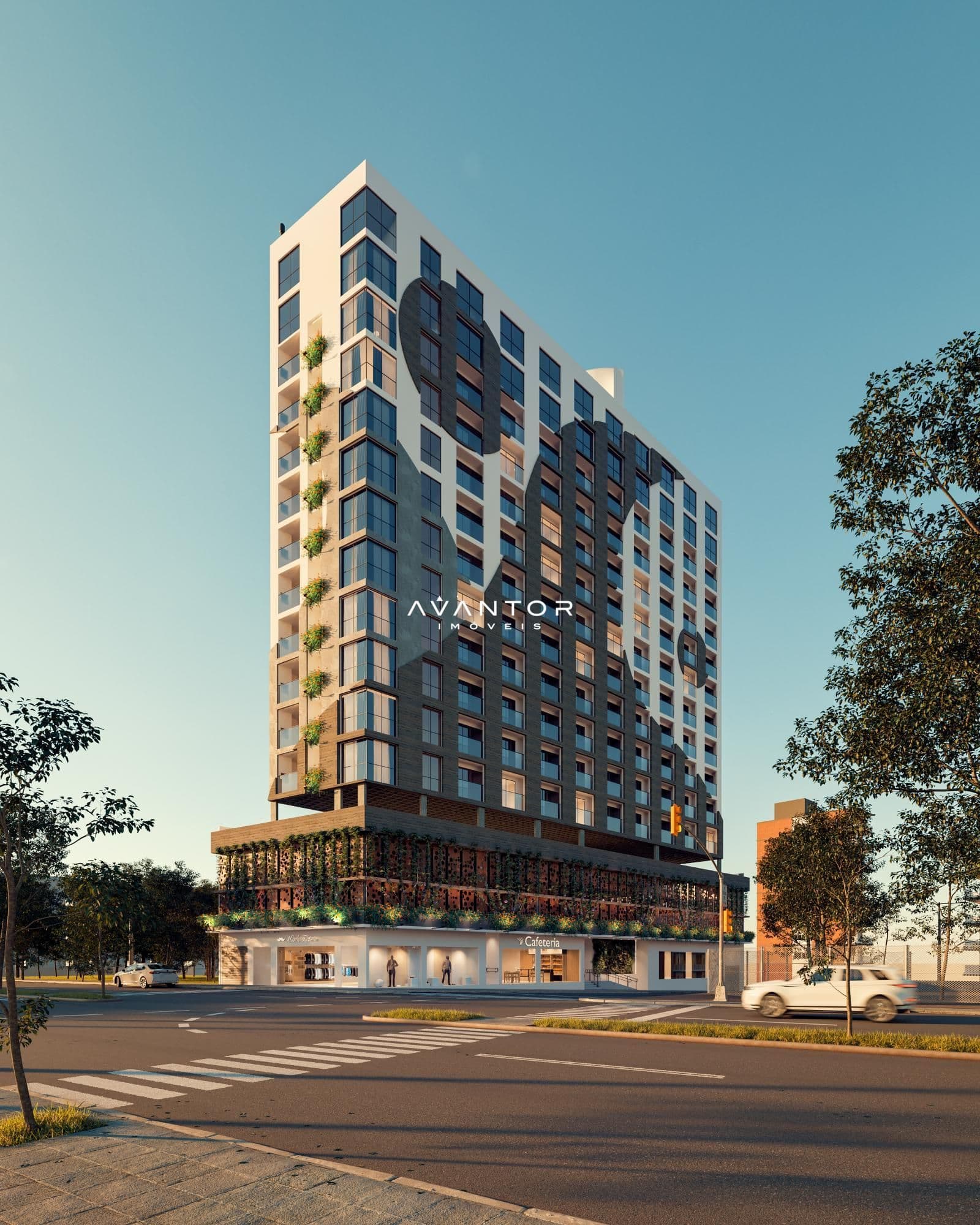 Fachada do prédio com jardins verticais — Apartamento com 1 quarto à venda em Centro, Santa Maria/RS