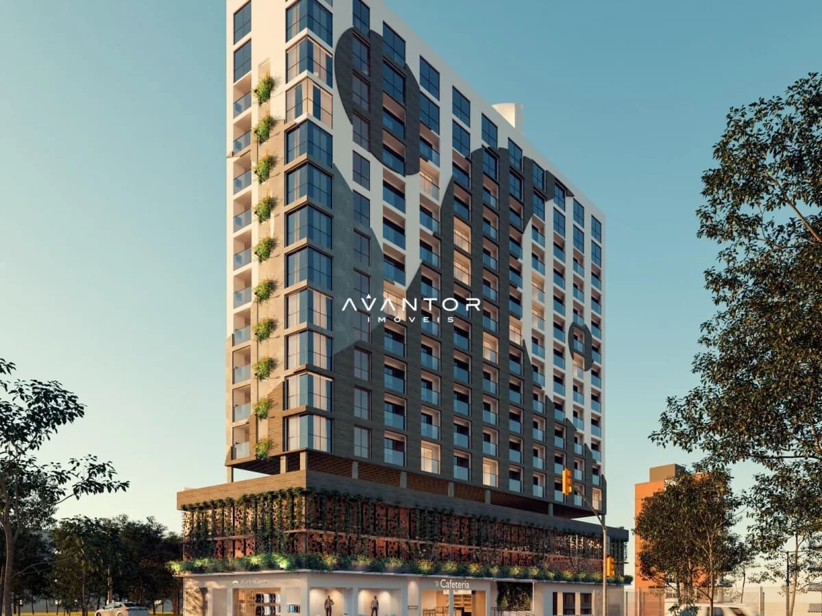 Fachada do prédio com jardins verticais — Apartamento com 1 quarto à venda em Centro, Santa Maria/RS