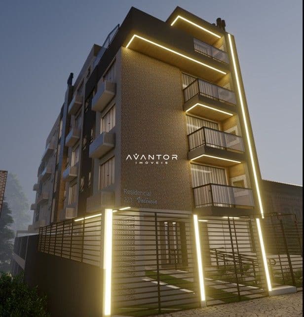 Fachada do prédio com sacadas e iluminação — Apartamento com 2 quartos à venda em Nossa Senhora de Fátima, Santa Maria/RS