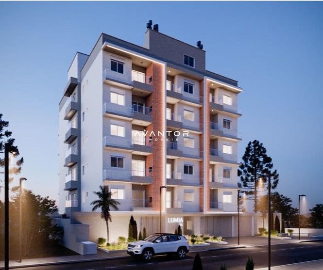 Fachada do prédio com acabamento em tons claros — Apartamento com 1 quarto à venda no Lumia, em Camobi, Santa Maria/RS