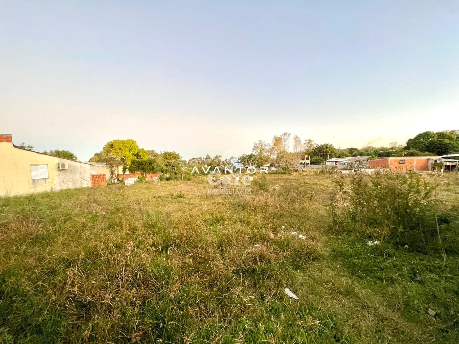 Terreno com vegetação e construções ao fundo — Terreno à venda em Boi Morto, Santa Maria/RS