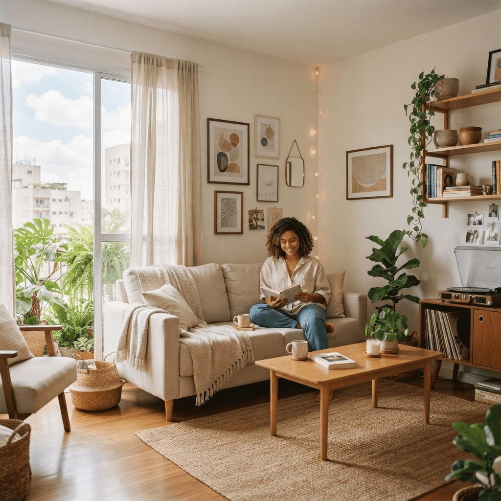 Interior aconchegante de apartamento estudantil iluminado em Camobi