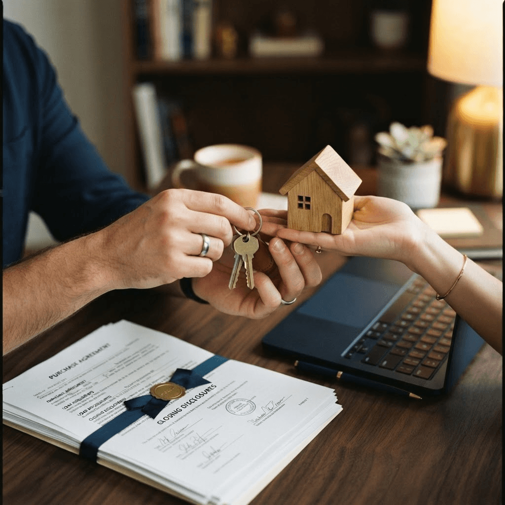 Chaves de casa e maquete sobre a mesa com documentos de financiamento imobiliário