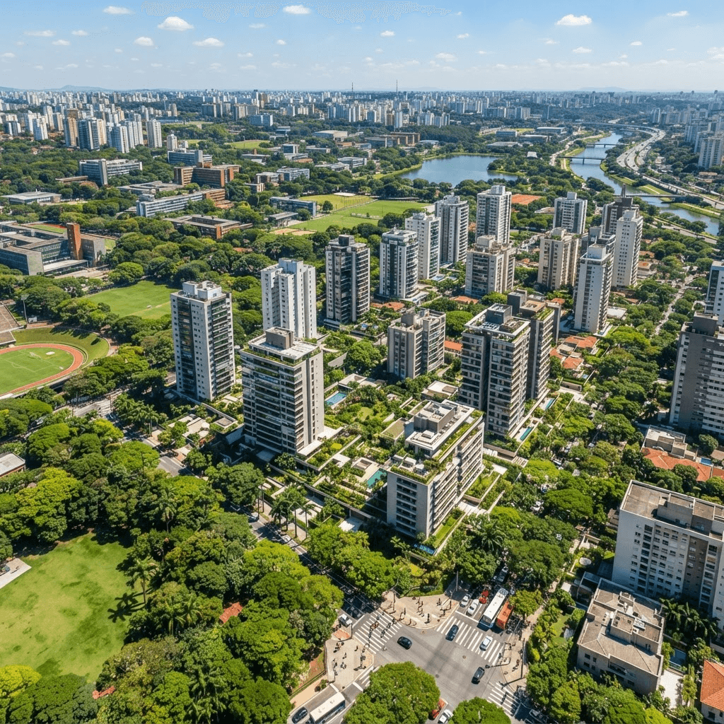 Vista aérea do bairro-universidade de Camobi com prédios residenciais e áreas verdes
