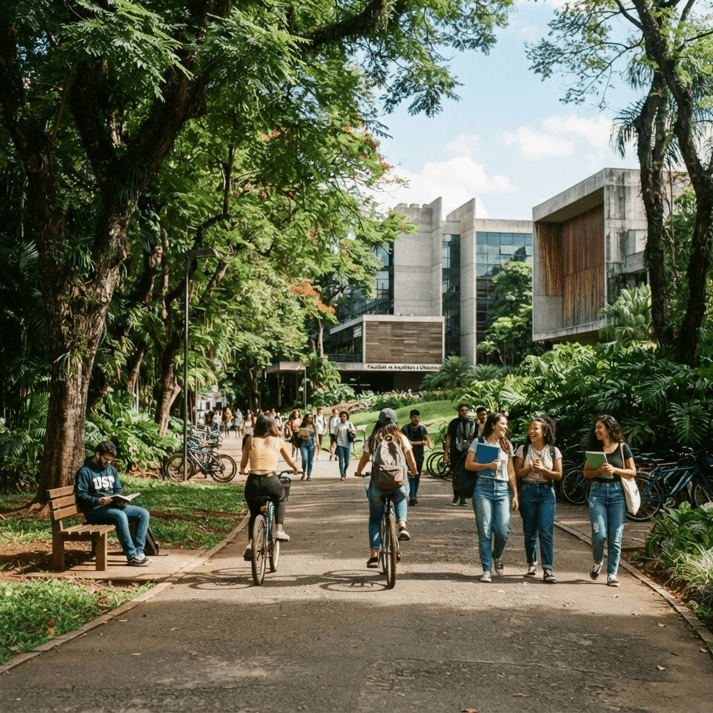 Estudantes caminhando e pedalando pelo campus verde da UFSM em um fim de tarde