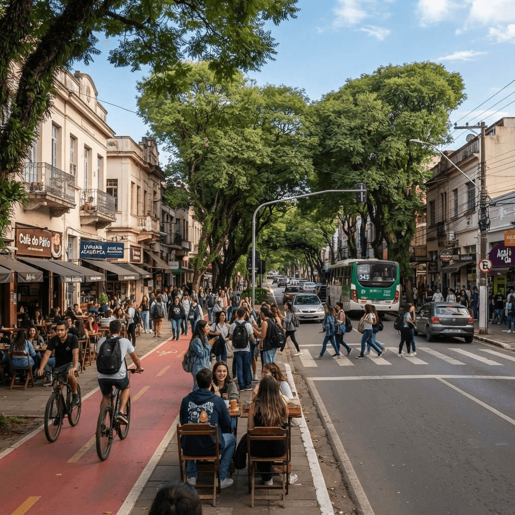 Rua movimentada do bairro Camobi em Santa Maria, com ciclovia, comércio e estudantes