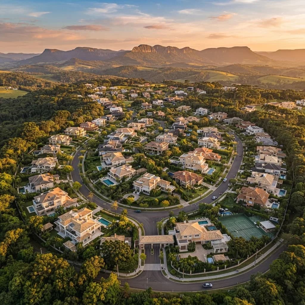 Vista aérea ilustrativa de um condomínio fechado ao fim da tarde, no estilo de Santa Maria/RS
