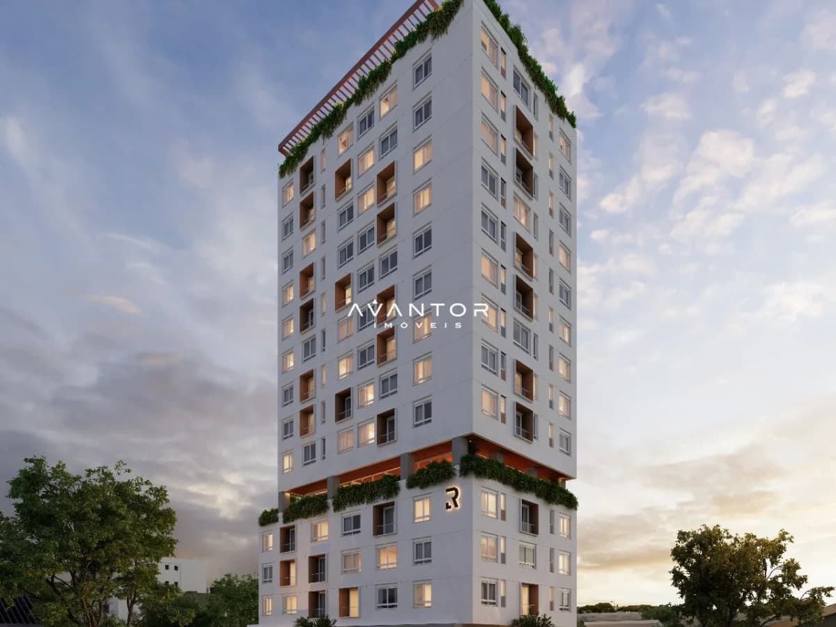 Fachada do prédio com vegetação no topo — Studio à venda no Residencial Verso, em Nossa Senhora das Dores, Santa Maria/RS